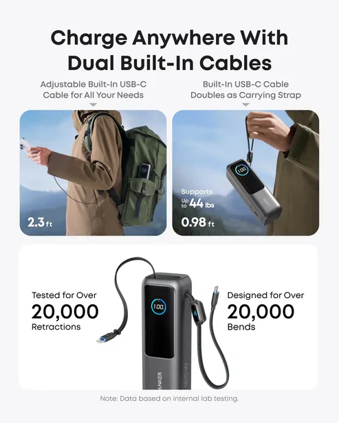 Anker Power Bank 25000mAh 165W Ultra-Fast Portable Charger with Built-In and Retractable USB C Cables A1695 - Image 5