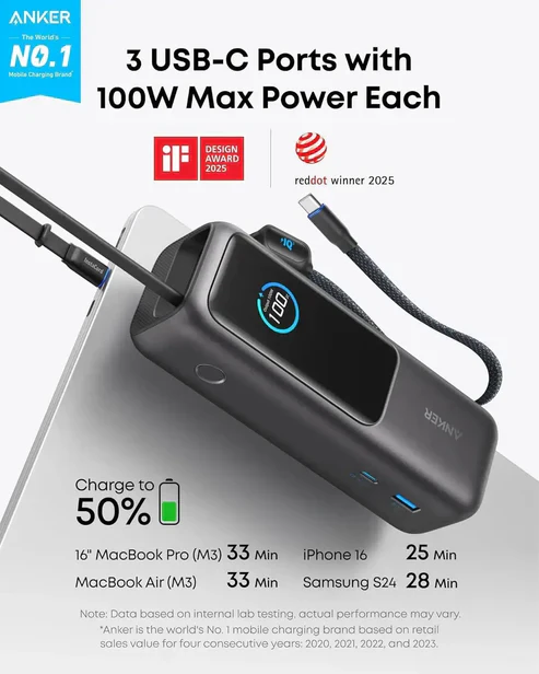Anker Power Bank 25000mAh 165W Ultra-Fast Portable Charger with Built-In and Retractable USB C Cables (Silver) - Image 3