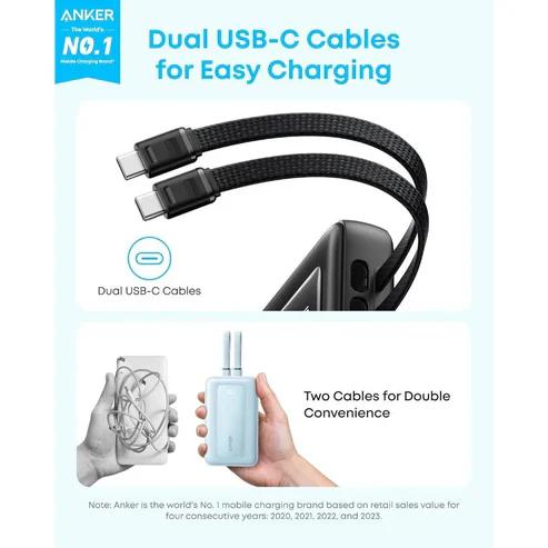 Anker Zolo Power Bank 20000mAh 45W Fast Charging Built-in Dual USB C Cable A110M Black - Image 2