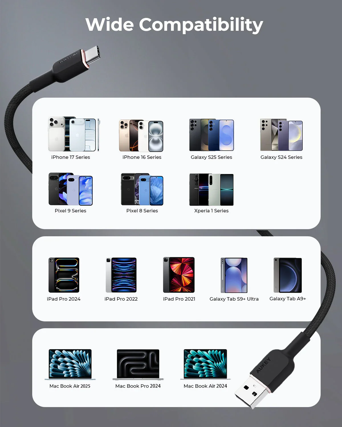 Aukey CB-DAC04 15W Circlet AC 1.8m DTY Braided Fast Charging Fast Data Transfer USB-A to USB-C Cable - Black - Image 5
