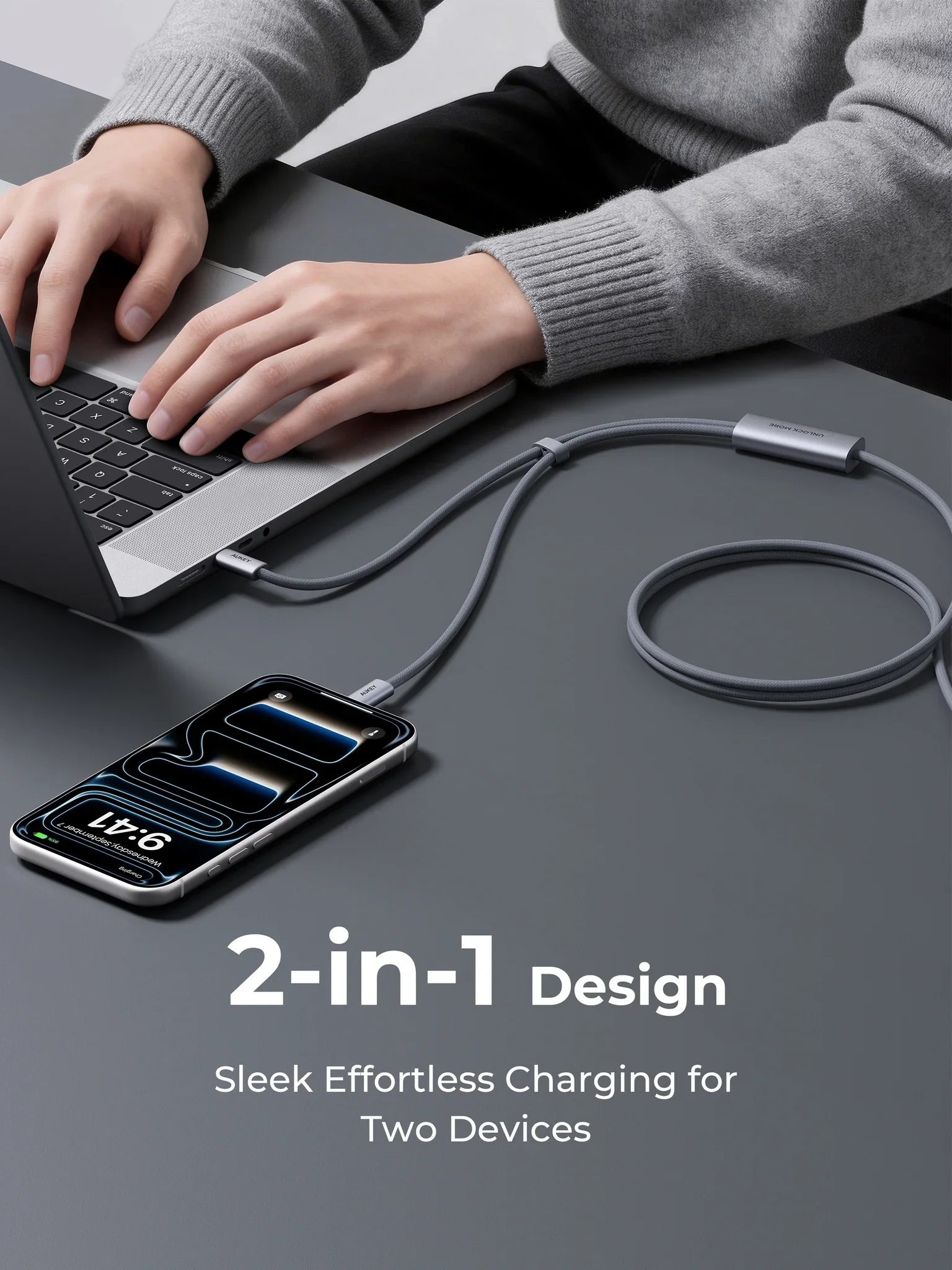 Aukey CB-DCC142 Circlet Blink 140W 2-in-1 DTY Braided USB-C to USB-C Cable – Grey (2M) - Image 3