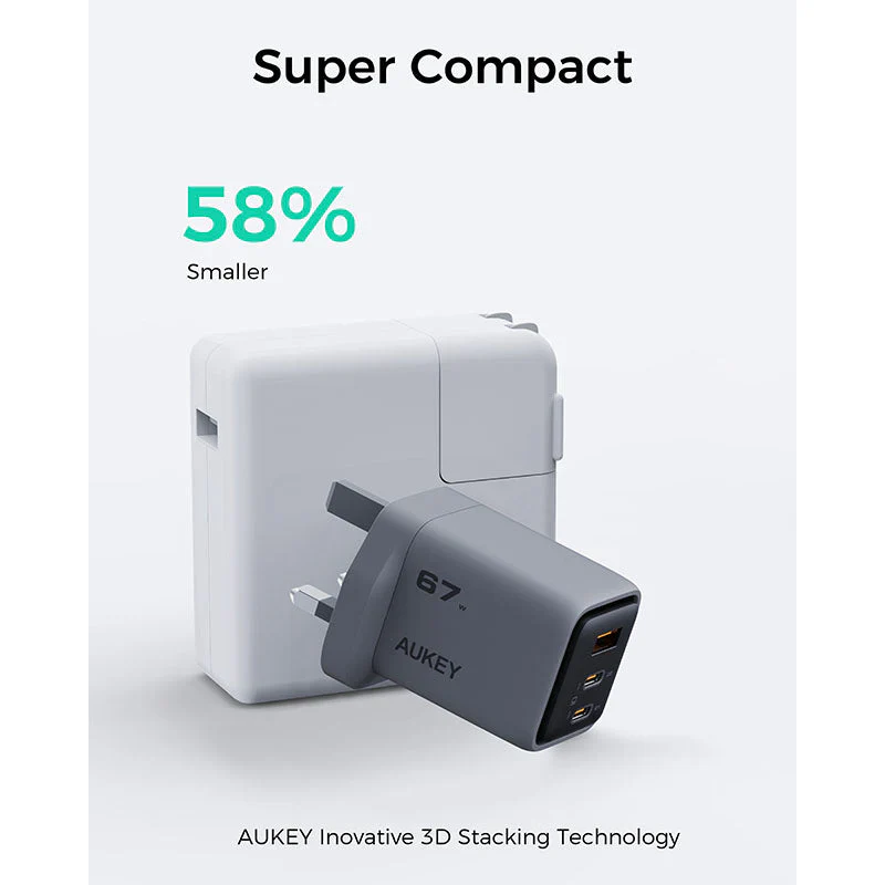 Aukey PA-C3 Comet Mix 3 67W Fast Charging Wall Charger with GaN Technology - Gray - Image 2