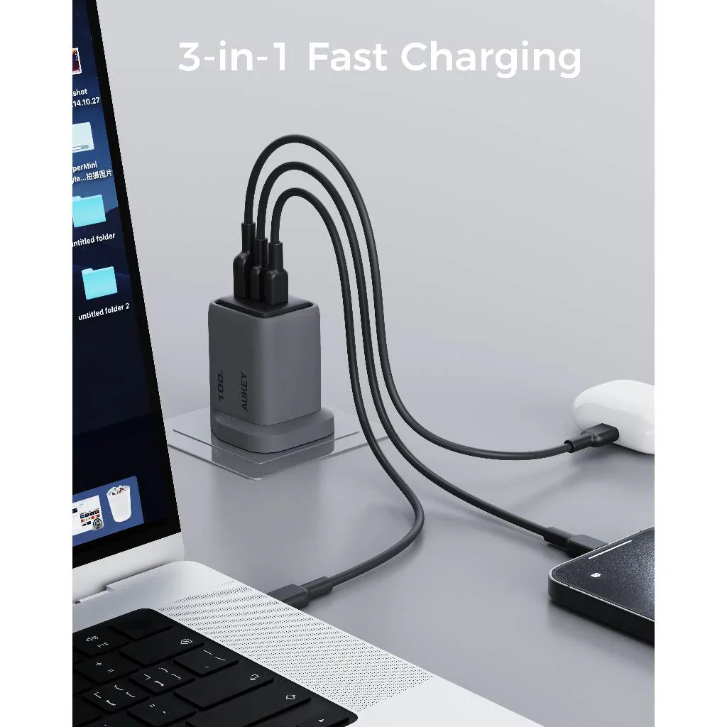 Aukey PA-C5 Comet Mix 3 100W PD 3-Port GaN Wall Charger with PPS for Laptop & Mobile - Image 3