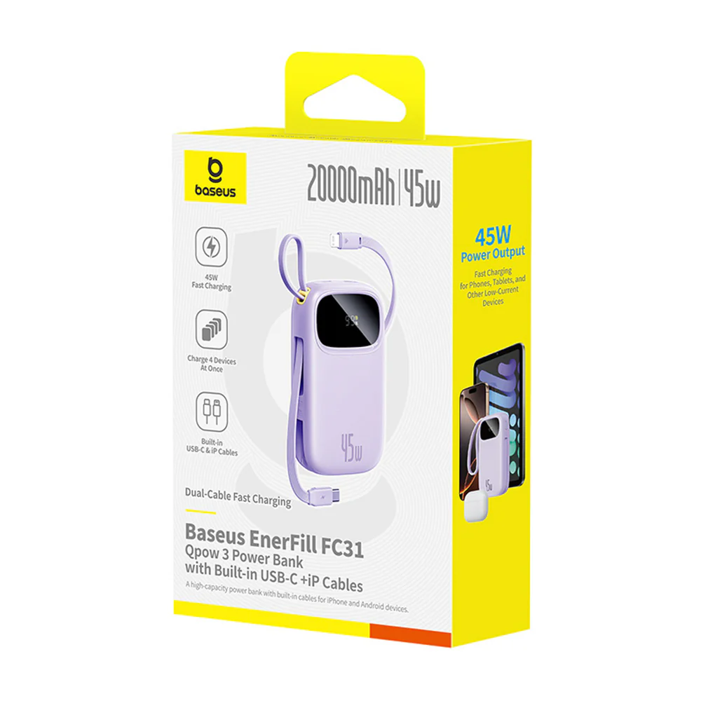 Baseus EnerFill FC31 20000mAh 45W Power Bank with Display with USB-C and Lightning Cables - Purple - Image 3