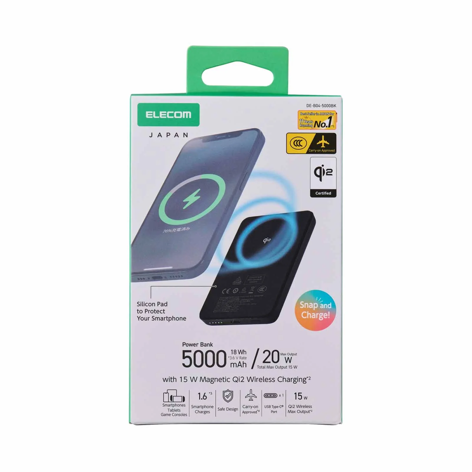 ELECOM DE-B04-5000BK Qi2 Magnetic Wireless Power Bank - Image 3