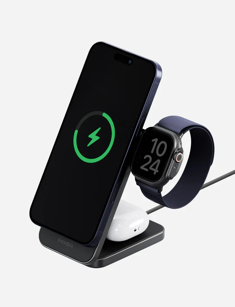 Energea MagTrio 2 Qi2 25W certified 3-In-1 Wireless Charging Stand - Gun Metal