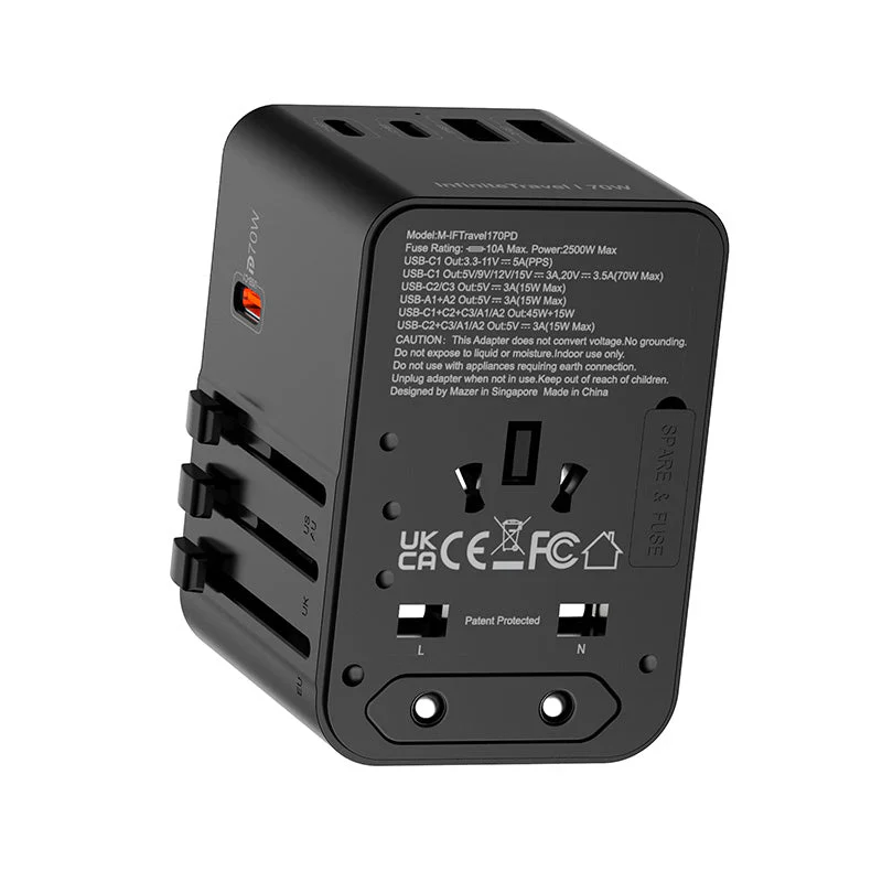 Mazer M-IFTravel170PD-BG InfiniteTravel GaN PD70W 3C+2A World Travel Charger (Black) - Image 4