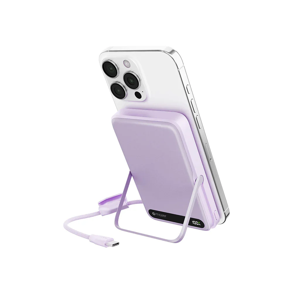 Mazer M-MagLink19 10kmAh PD27W CCC Power Bank with Built-in Stand and Cable – Lavender - Image 2