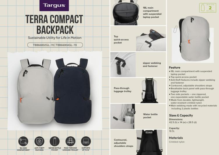 Targus TBB66002GL-70 16” Terra Compact Backpack - Blue - Image 5